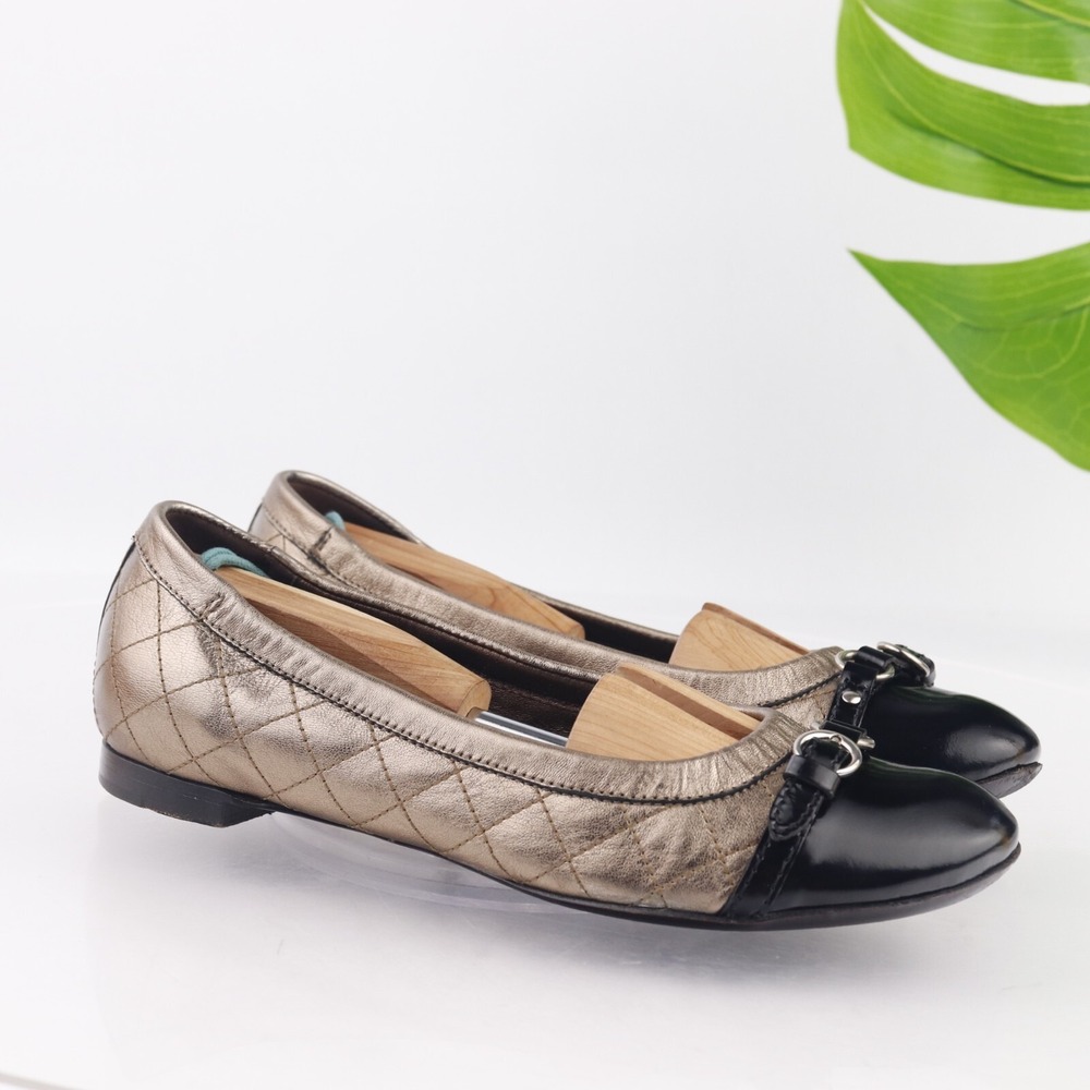 AGL Womens Ballet Flats Size 39 9 Quilted Bronze Gold Leather Black Cap Toe Shoe